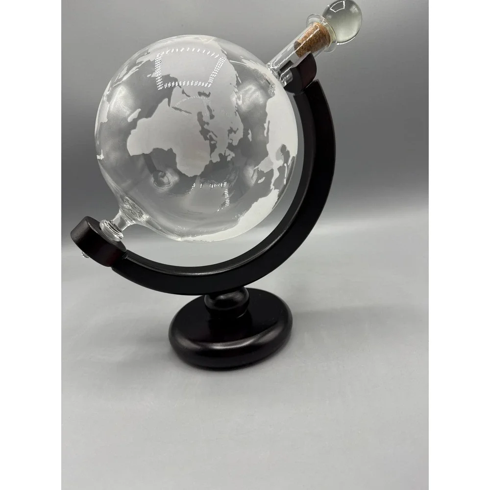 Etched Glass Rotating Globe Whiskey Decanter with Wooden Stand 850ml Barware